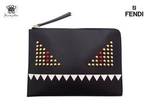 Fendi Monster Clutch Bag Studded L shaped Zip Strap Black